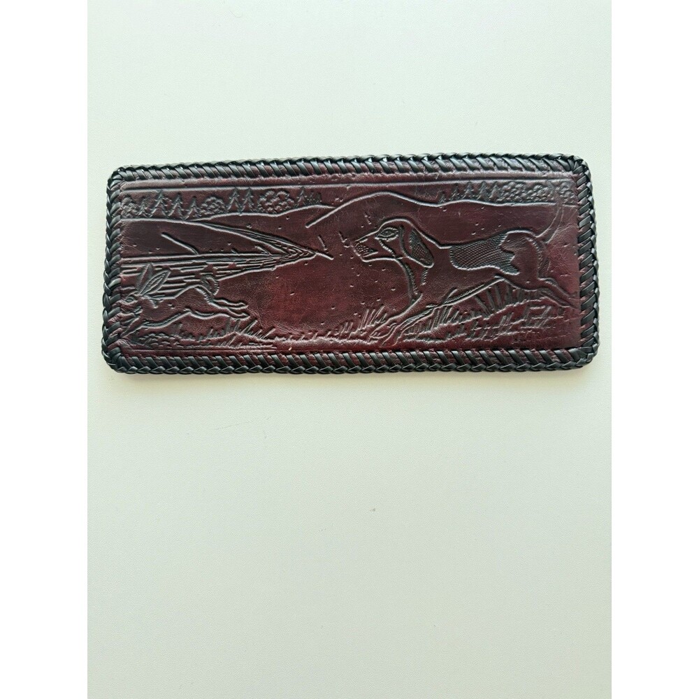 Vintage Hand Tooled Leather Billfold Wallet hunting dog bunny rabbit trifold